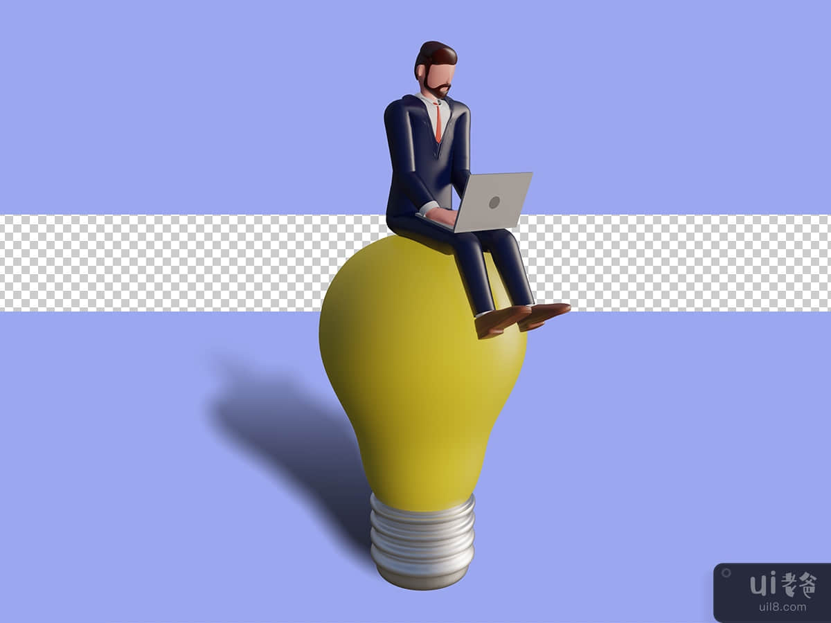 3d male character is typing and sitting on a lamp. Psd Premium