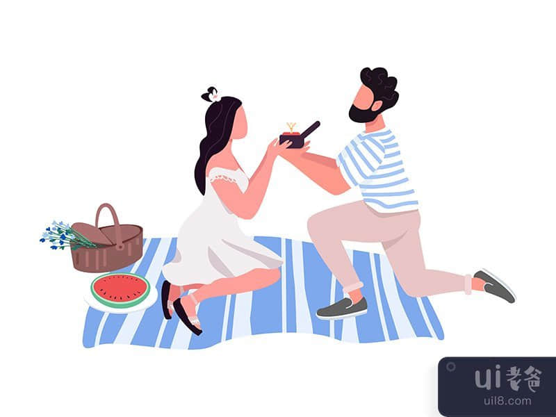 Bearded man proposing to woman semi flat color vector characters