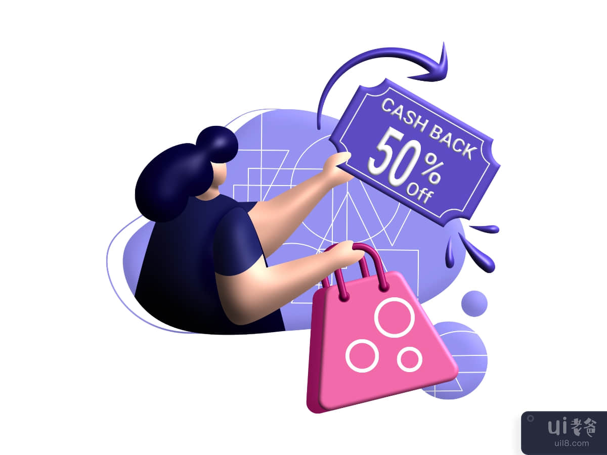 cashback coupon 3d rendering Illustration for 50% off get vouchers discounts