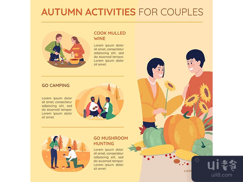 Autumn activities for couples flat color vector infographic template