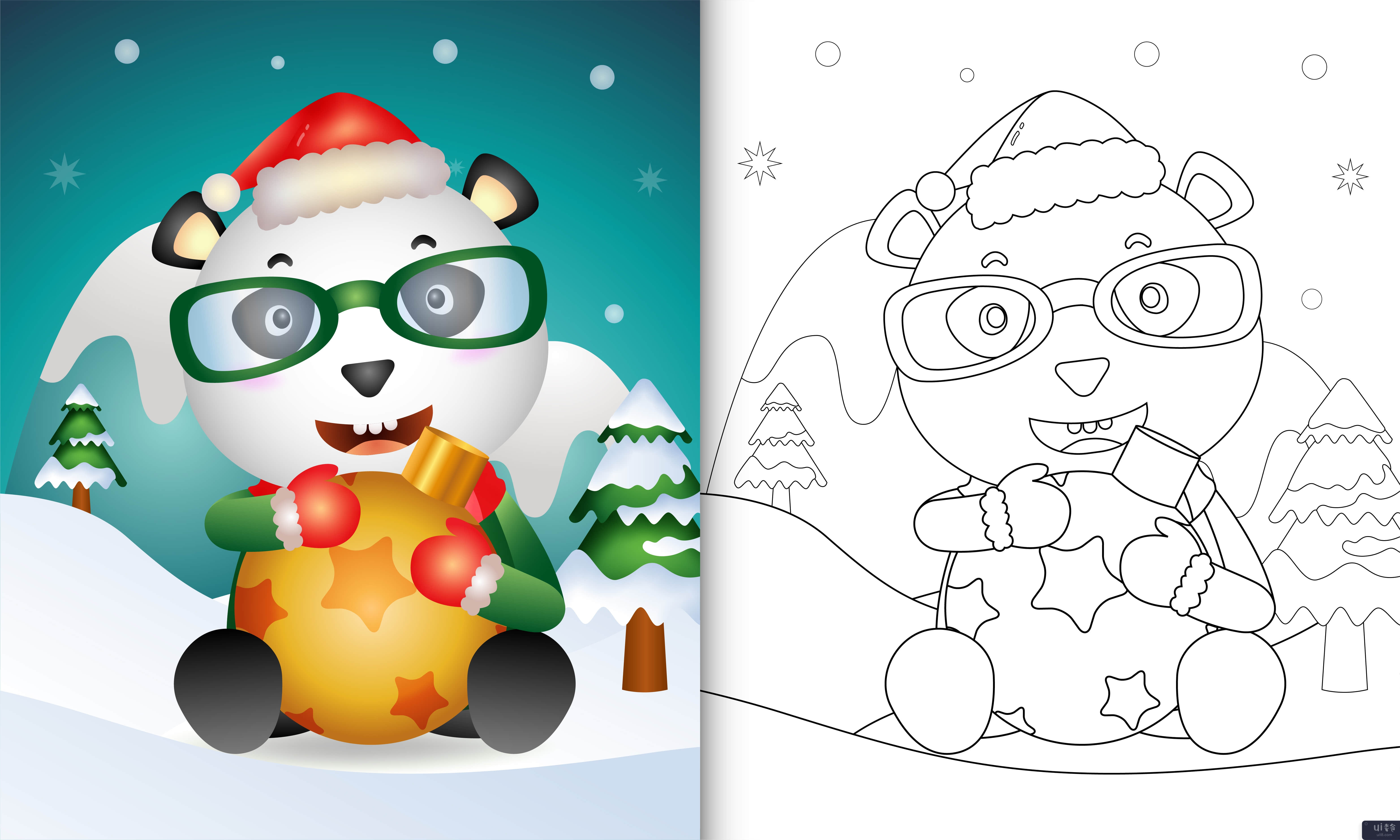 带有可爱熊猫拥抱圣诞球的着色书(coloring book with a cute panda hug christmas ball)插图2