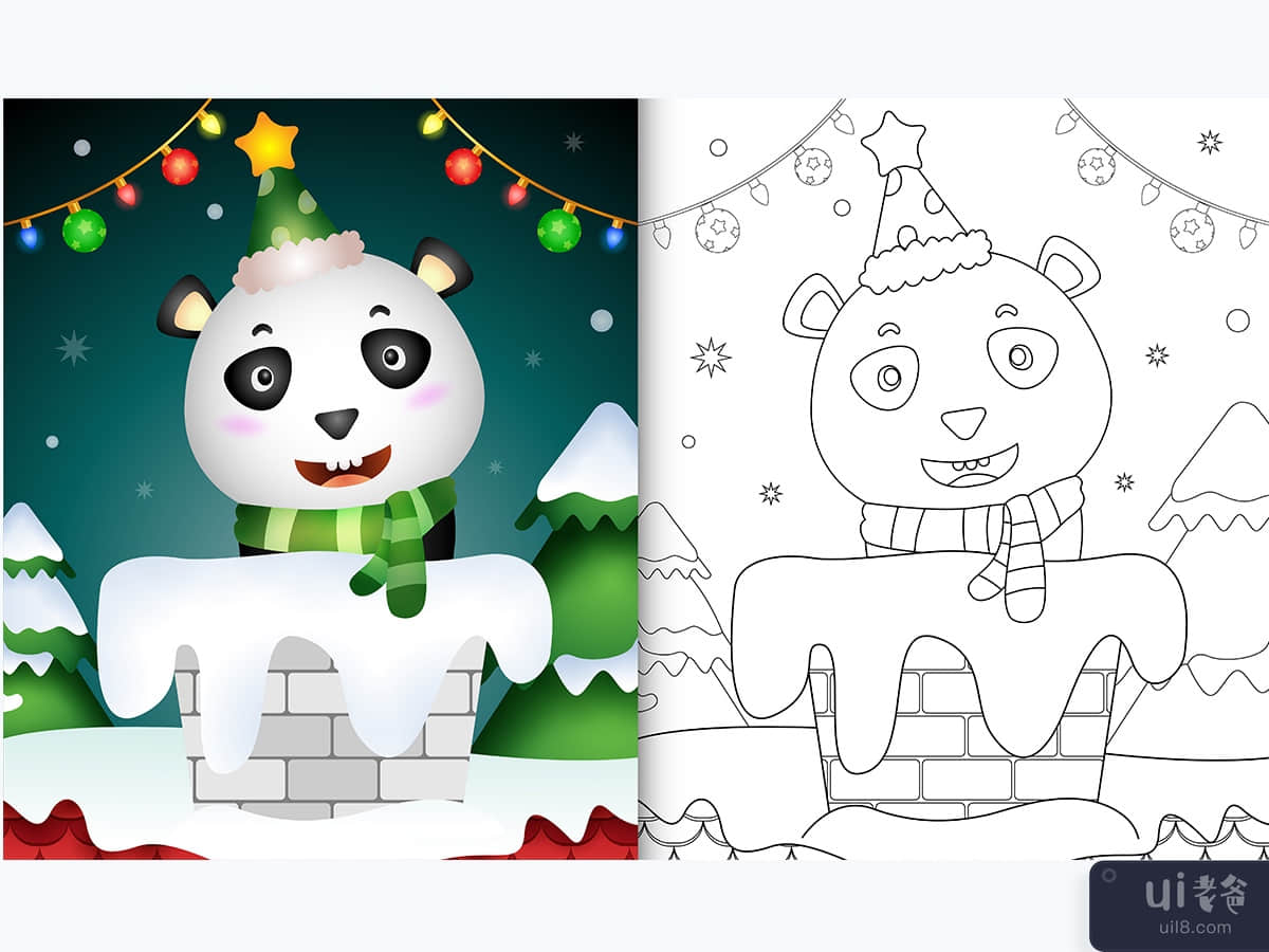 coloring book for kids with a cute panda using santa hat and scarf in chimney