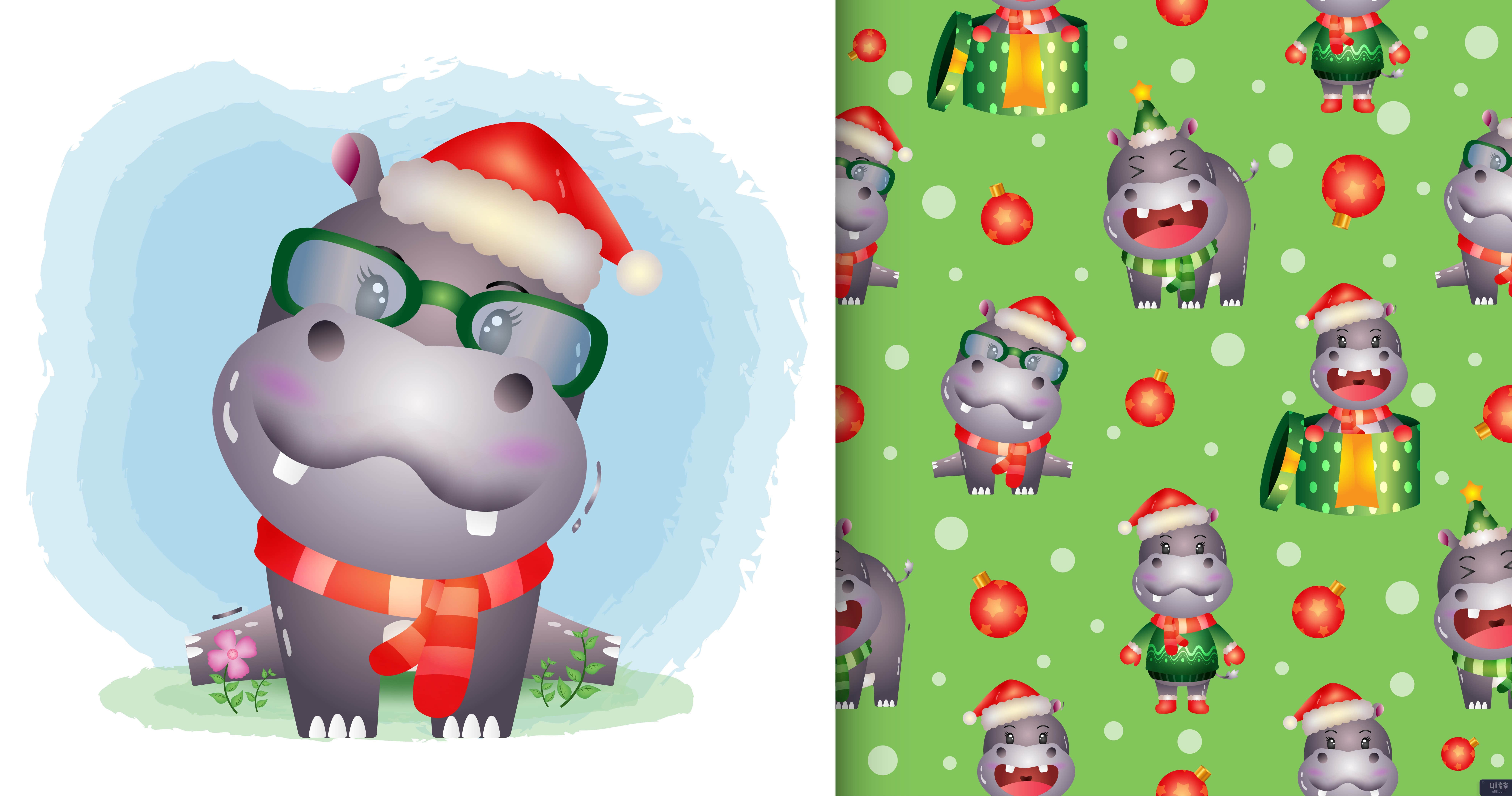 一个可爱的河马圣诞人物。无缝图案和插图设计(a cute hippo christmas characters. seamless pattern and illustration designs)插图2