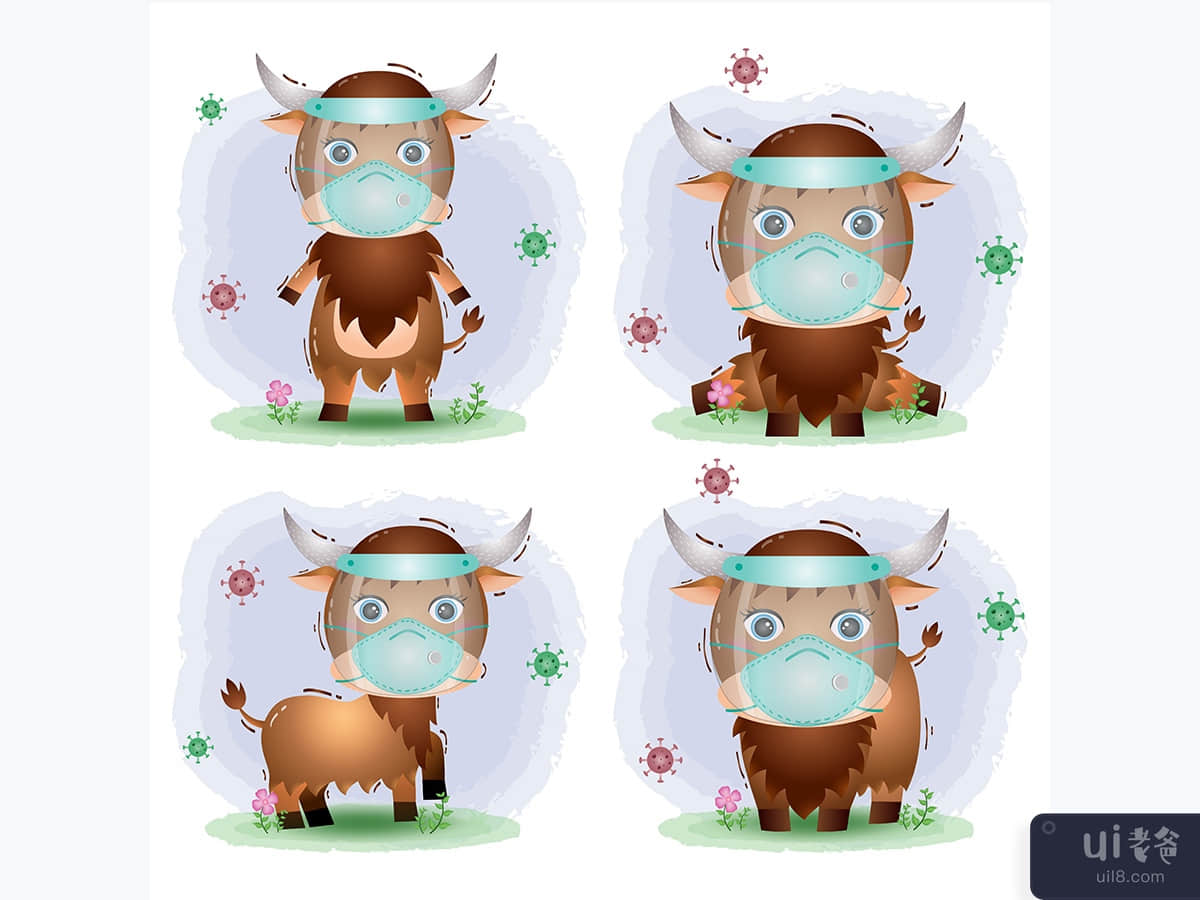 使用面罩和面具系列的可爱水牛(cute buffalo using face shield and mask collection)插图1