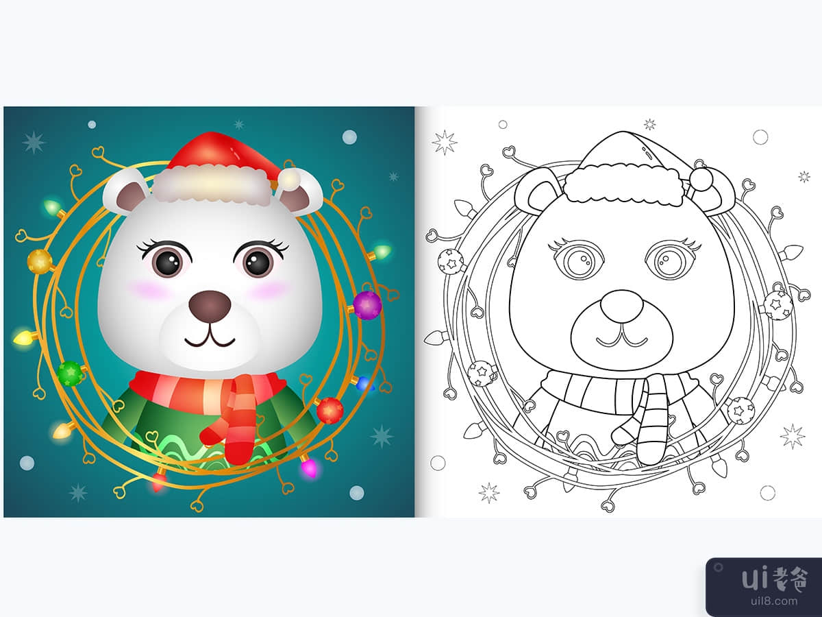 coloring book with a cute polar bear with twigs decoration christmas