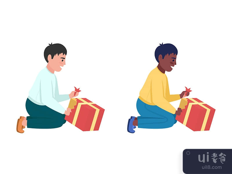 Boy with wrapped gift semi flat color vector character set