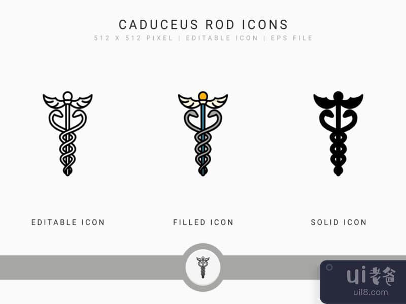 Caduceus rod icons set vector illustration with solid icon line style