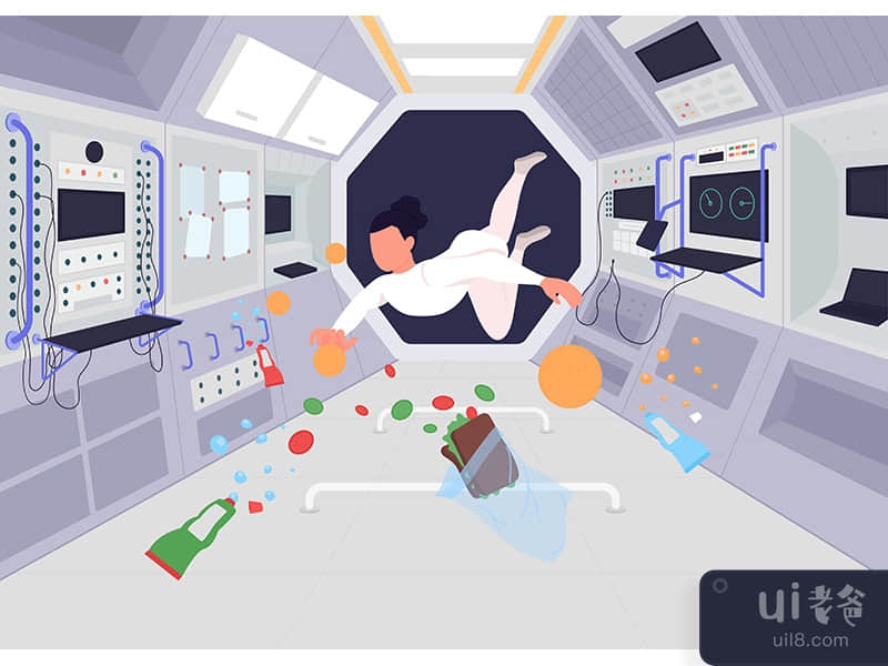 Astronauts inside space station flat color vector illustration