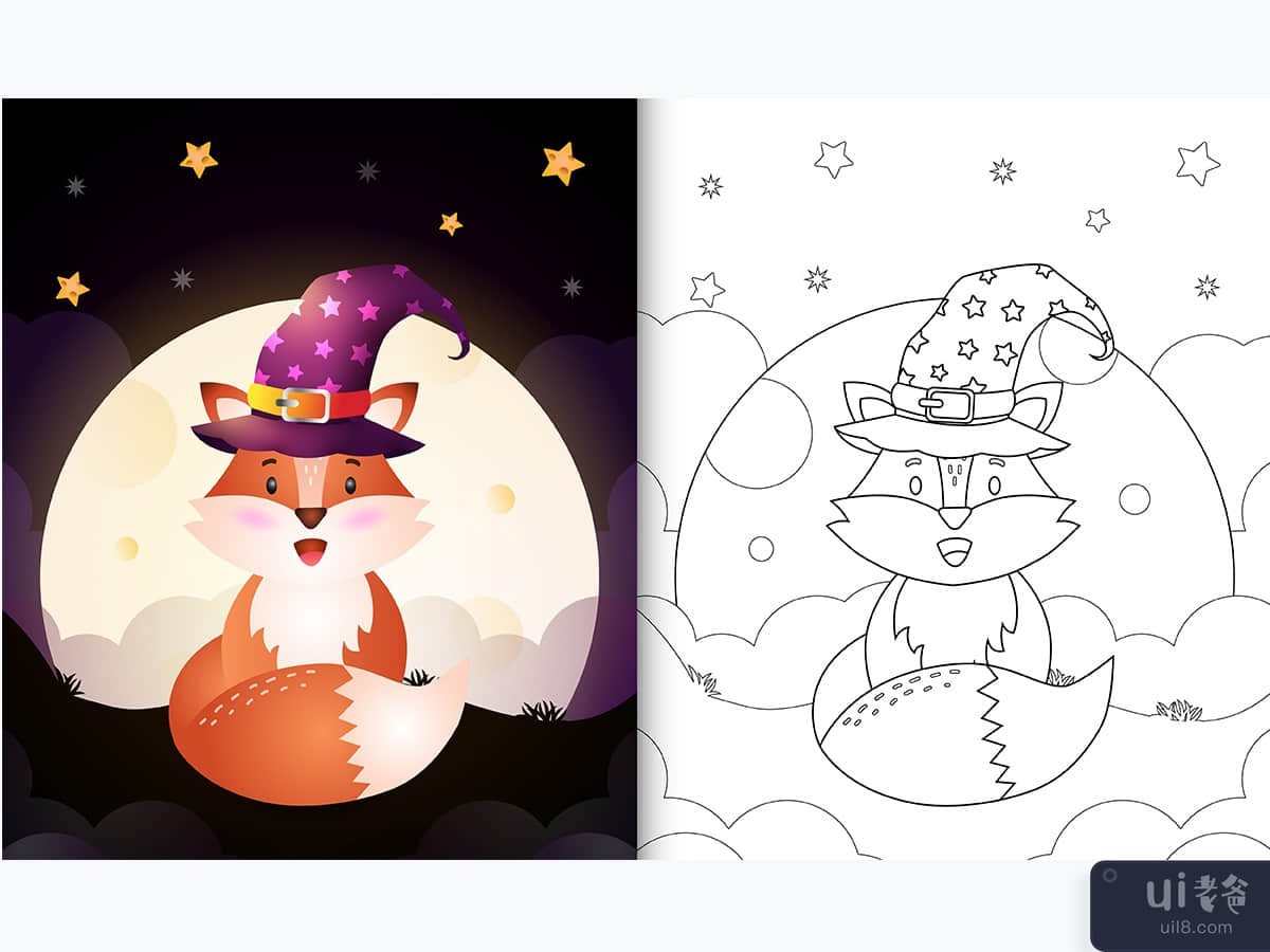 coloring book with a cute cartoon halloween witch fox front the moon