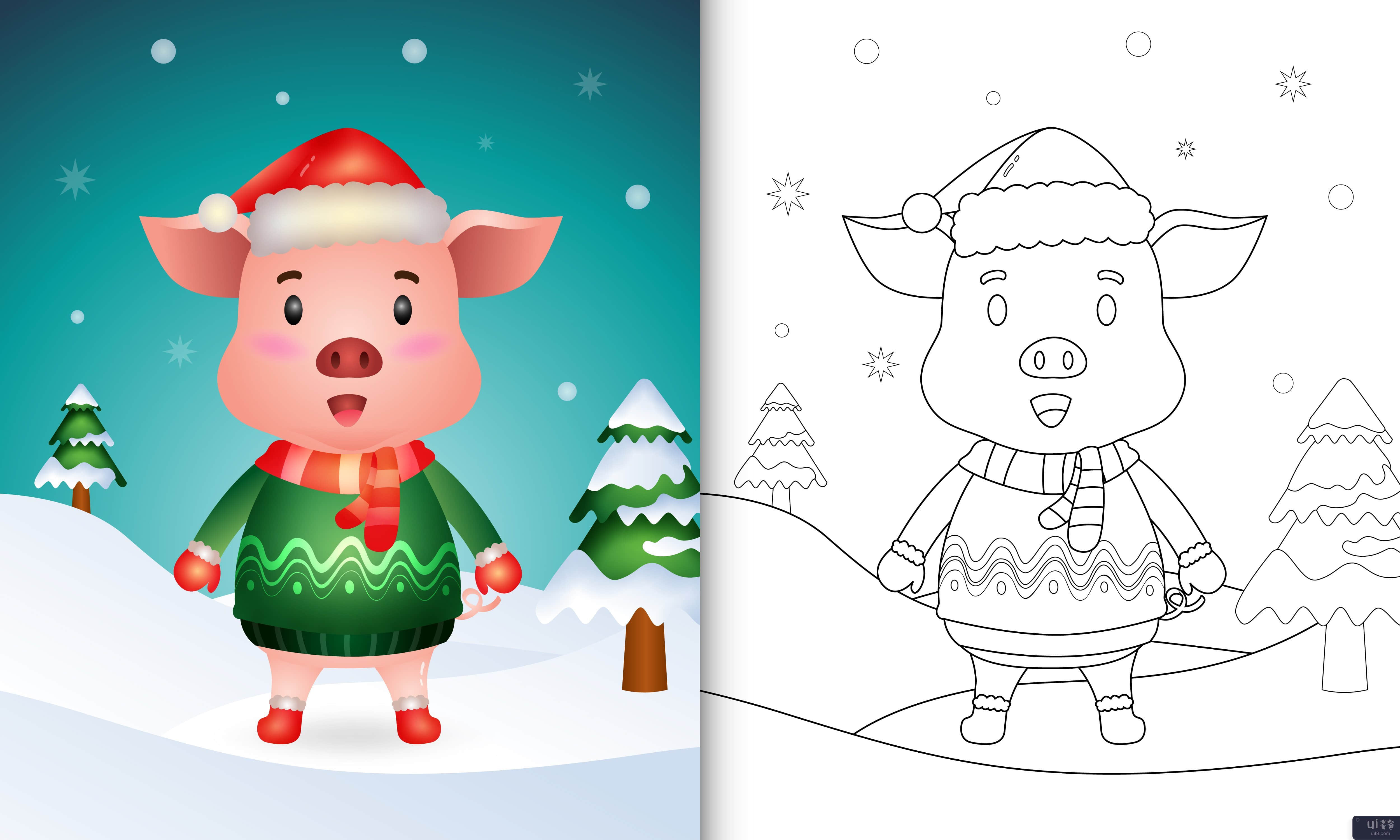 带有可爱猪圣诞人物的着色书(coloring book with a cute pig christmas characters)插图2