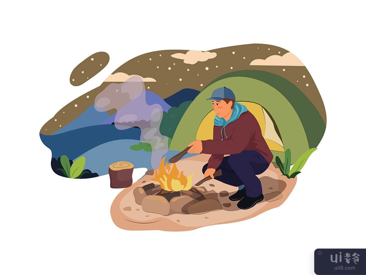 A man by camp fire