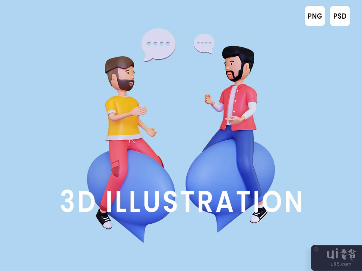3d Two male having a conversation while sitting on a chat bubble