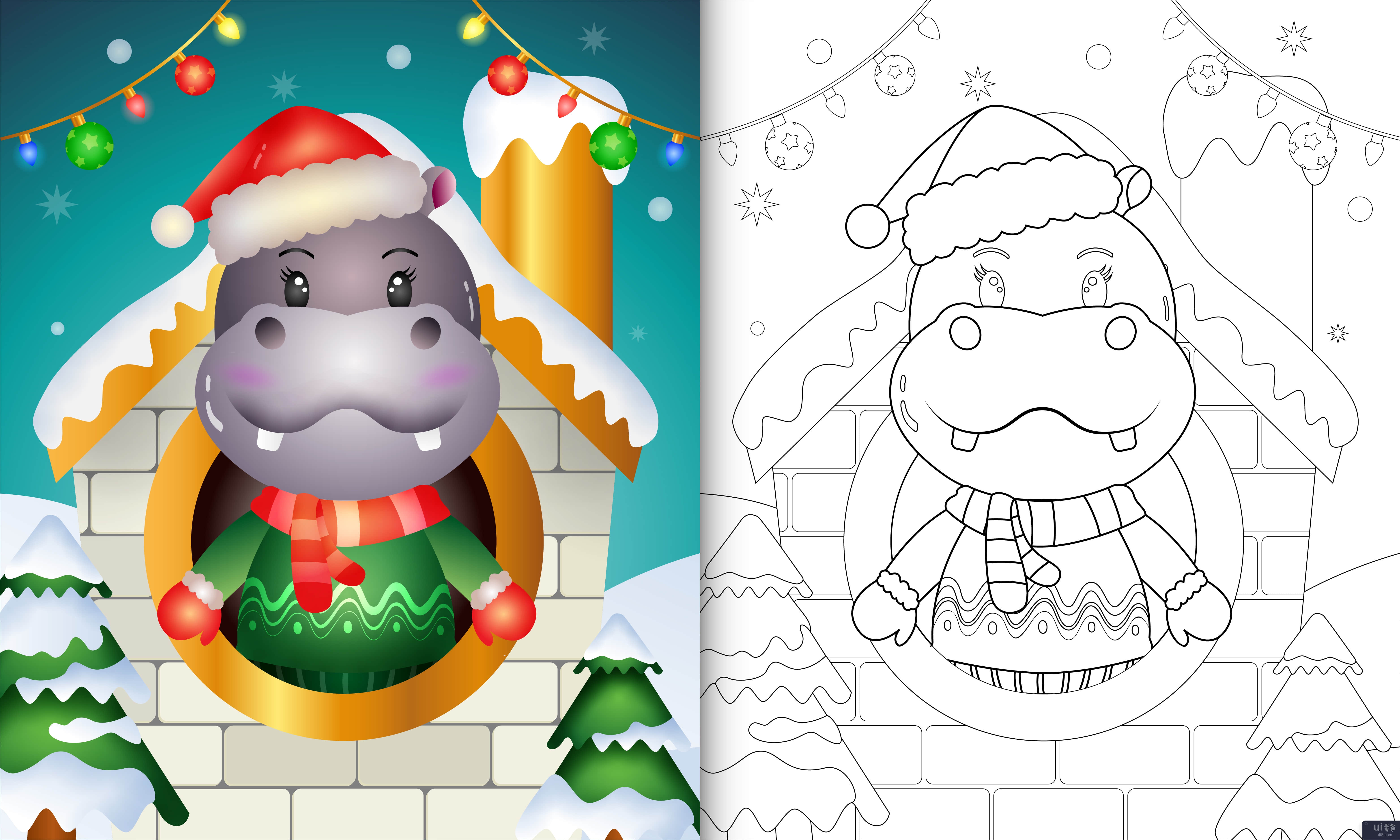 带有可爱河马圣诞人物的图画书(coloring book with a cute hippo christmas characters)插图2