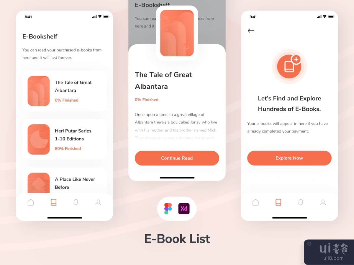 Book List Screens. E-Book App UI