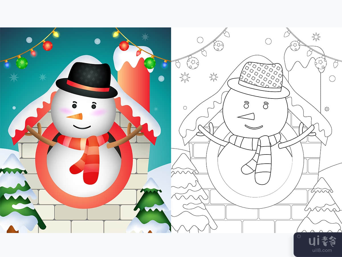 coloring book with a cute snowman christmas characters using hat and scarf