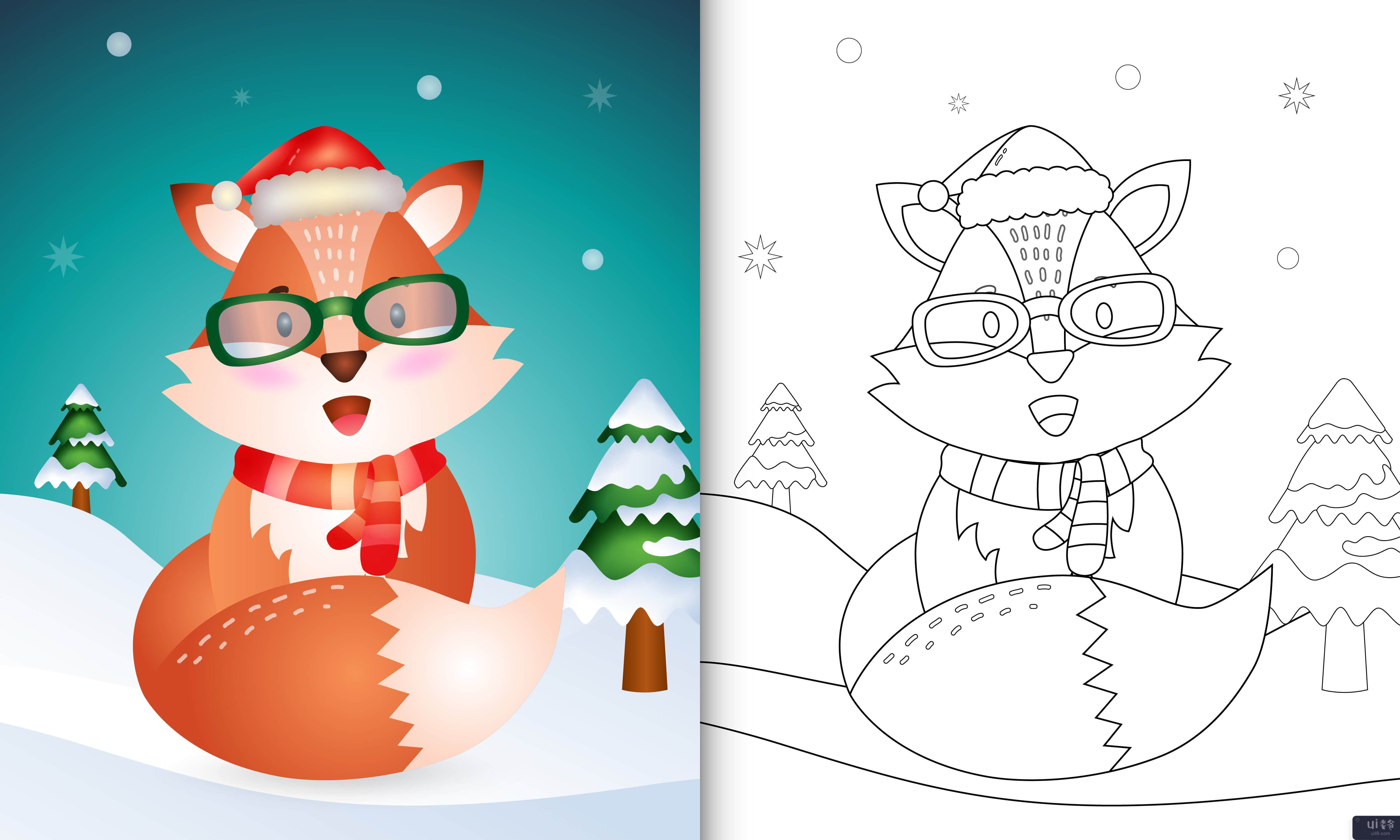 带有可爱的狐狸圣诞人物的着色书(coloring book with a cute fox christmas characters)插图2