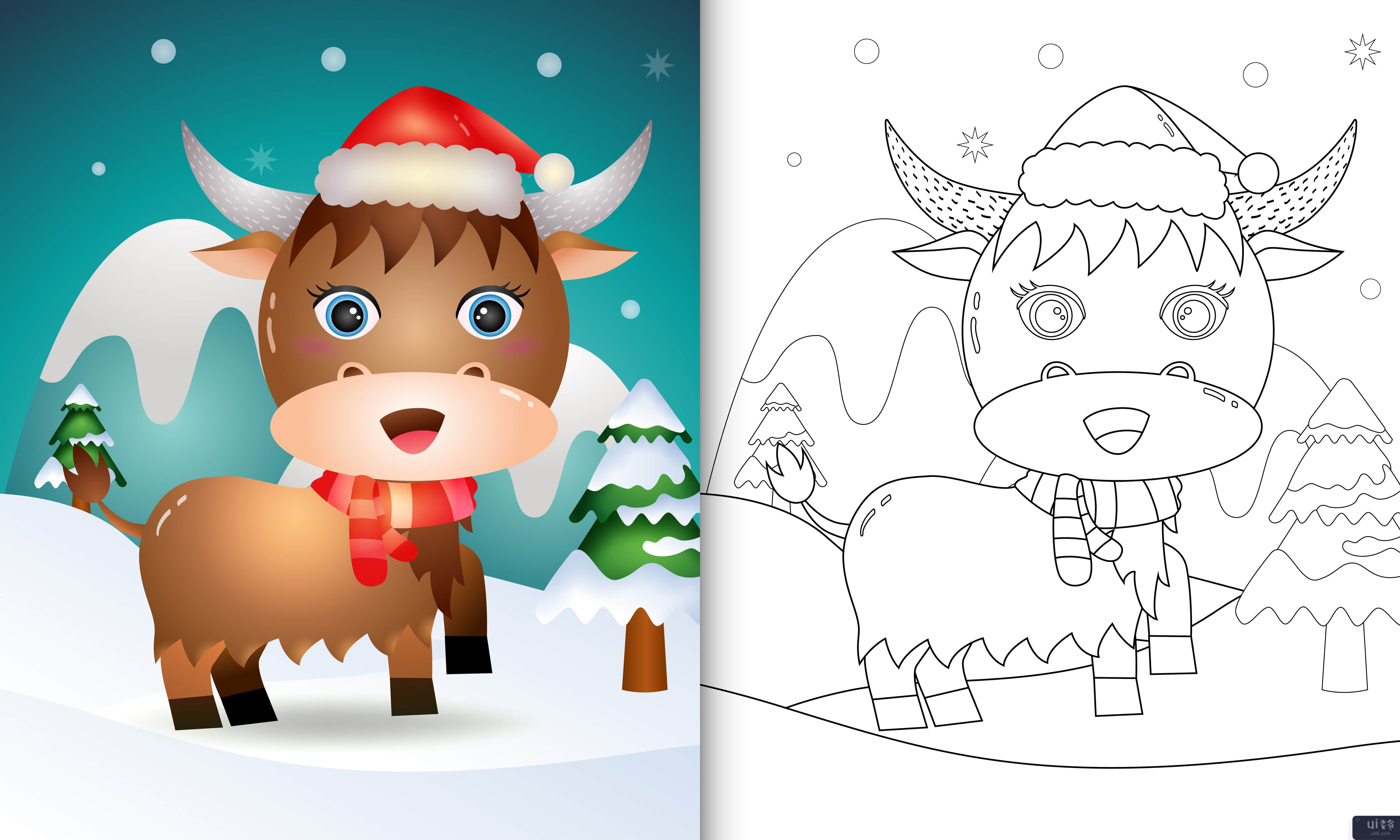 带有可爱水牛圣诞人物的图画书(coloring book with a cute buffalo christmas characters)插图2