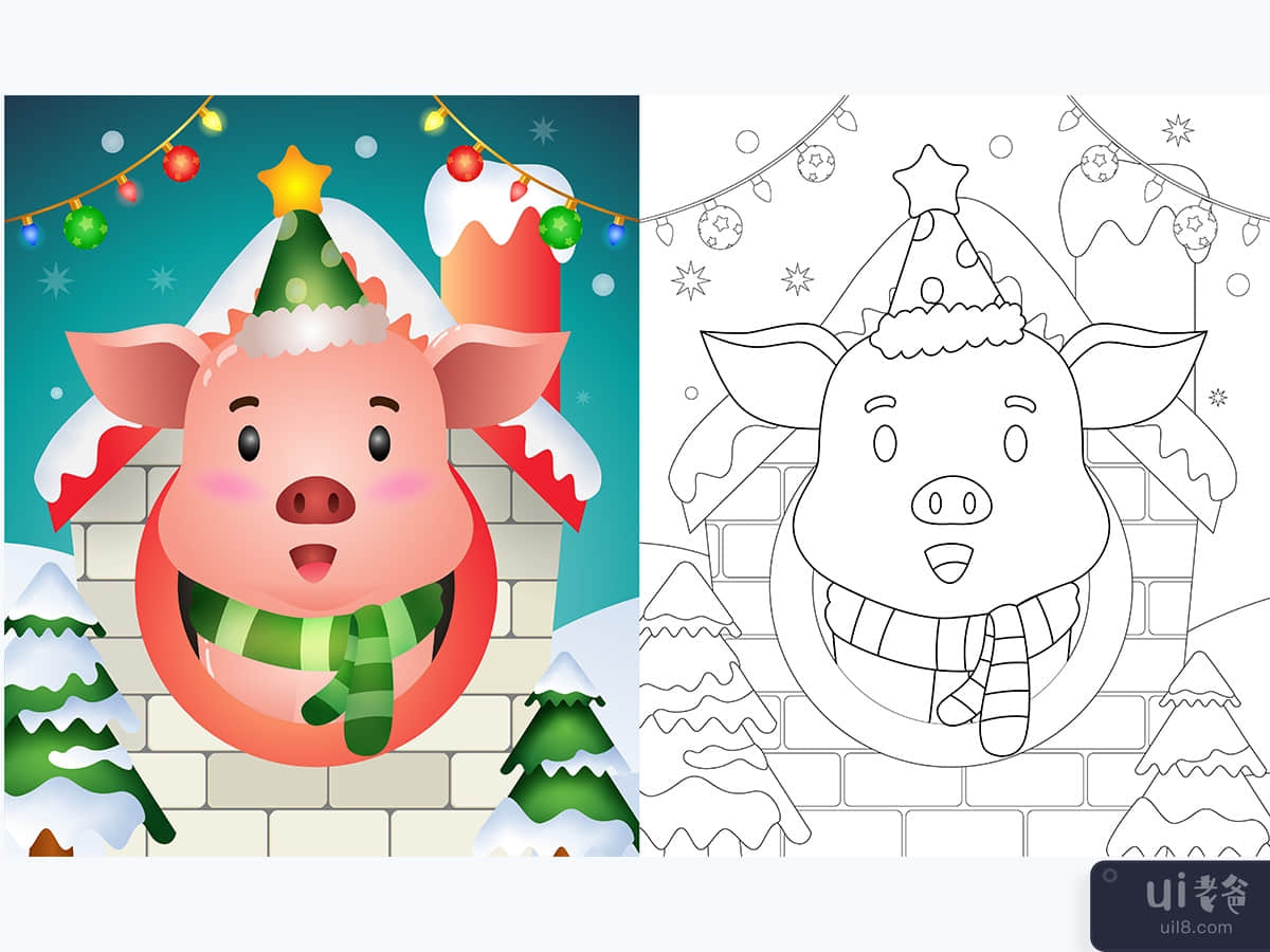 coloring book with a cute pig christmas characters using hat and scarf 