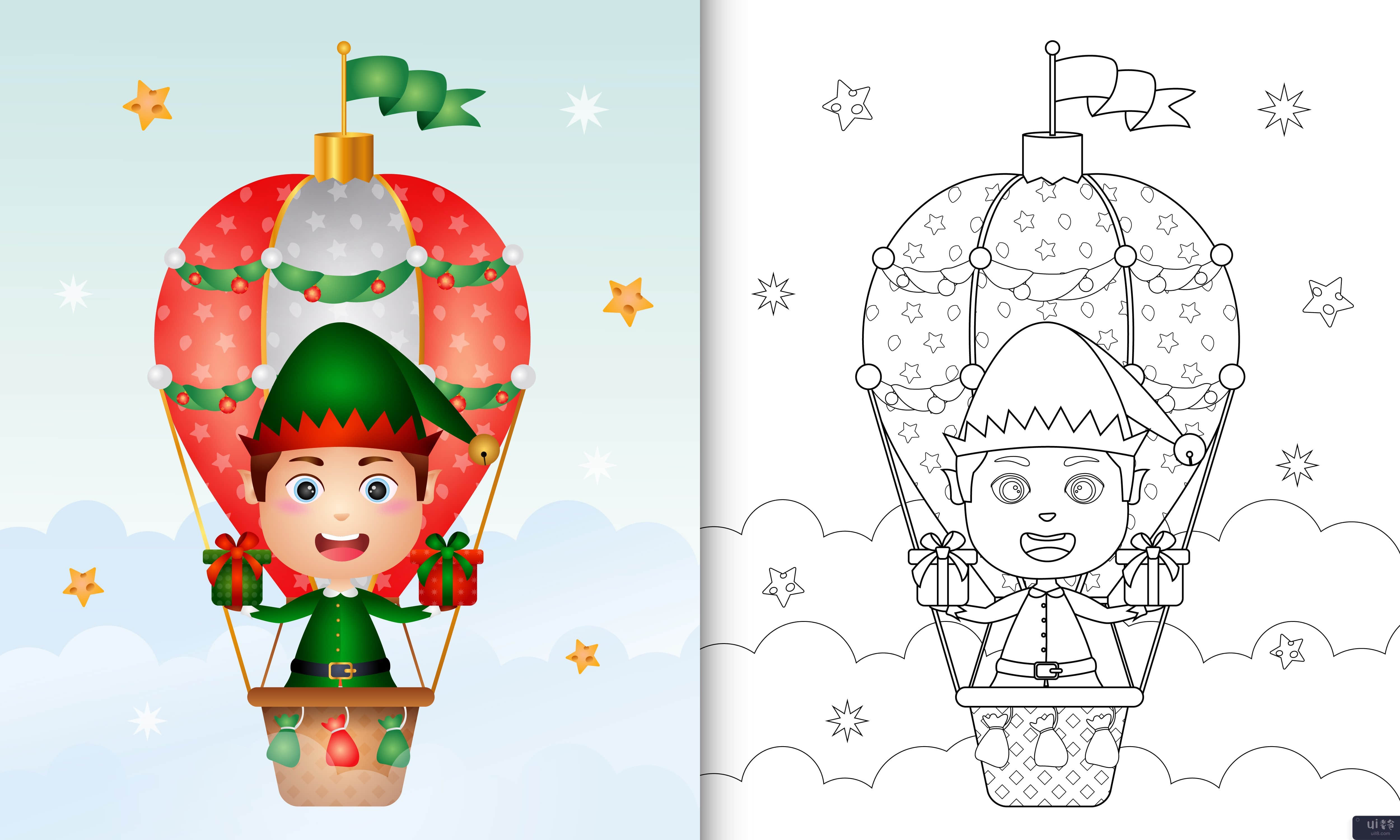 着色书与可爱的男孩精灵圣诞人物(coloring book with a cute boy elf christmas characters)插图2