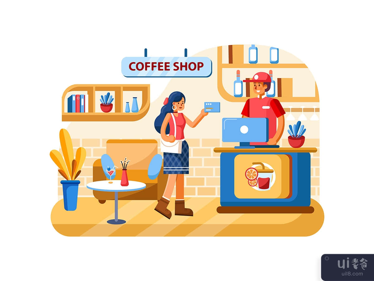 Credit card payment system with Coffee shop on background