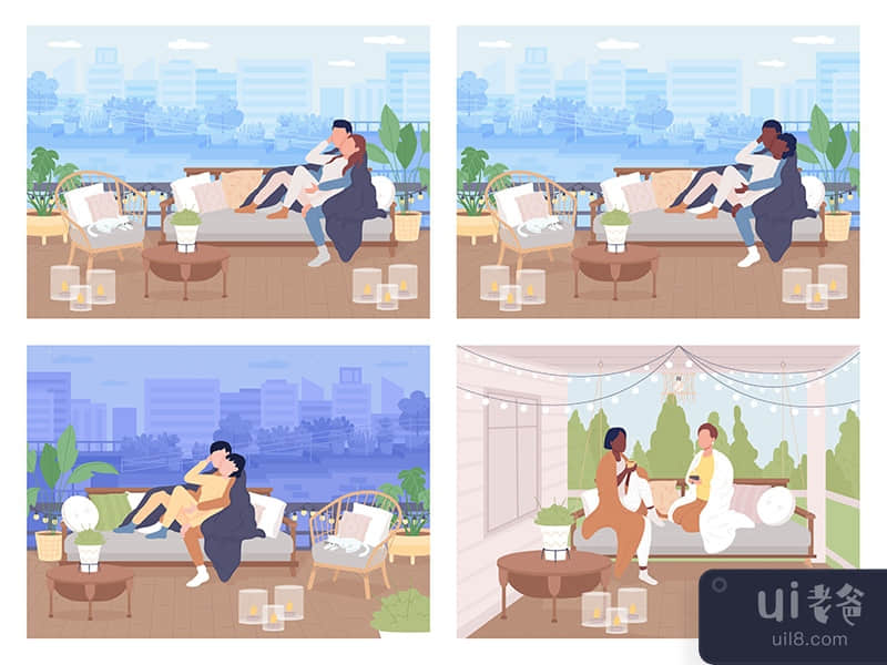 Couple relax outdoor flat color vector illustration set