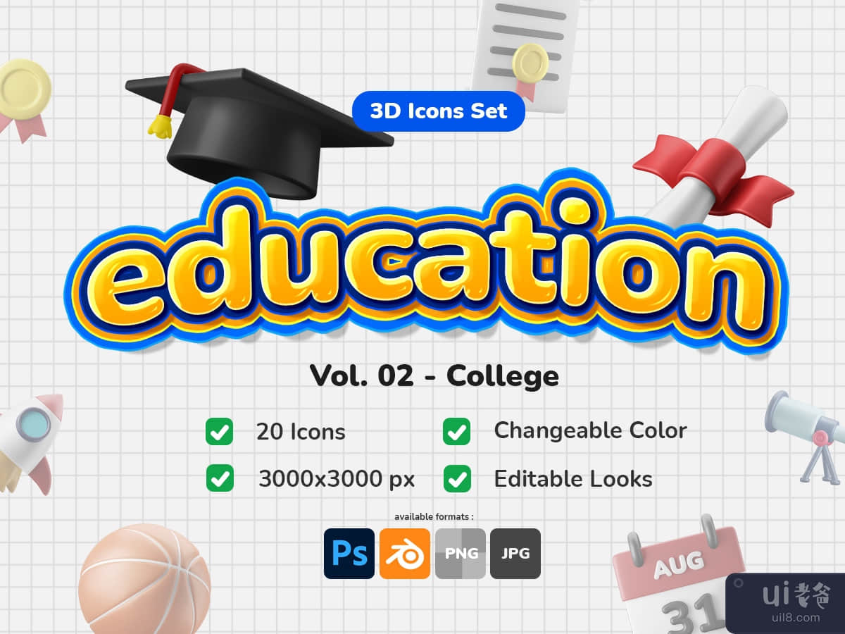 3D Icon Set - Education Vol. 02 - College Theme