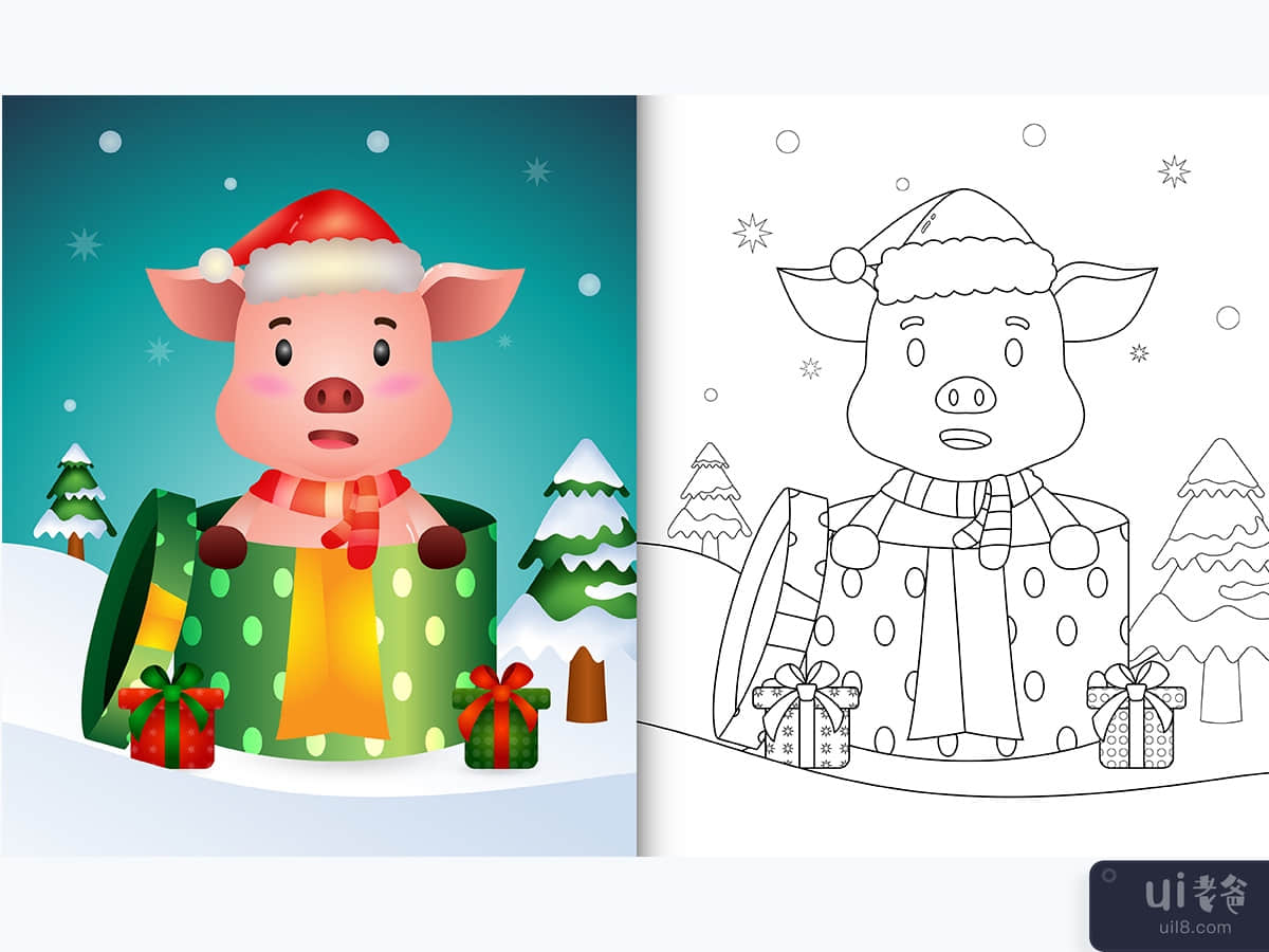 带有可爱猪圣诞人物的着色书(coloring book with a cute pig christmas characters)插图2