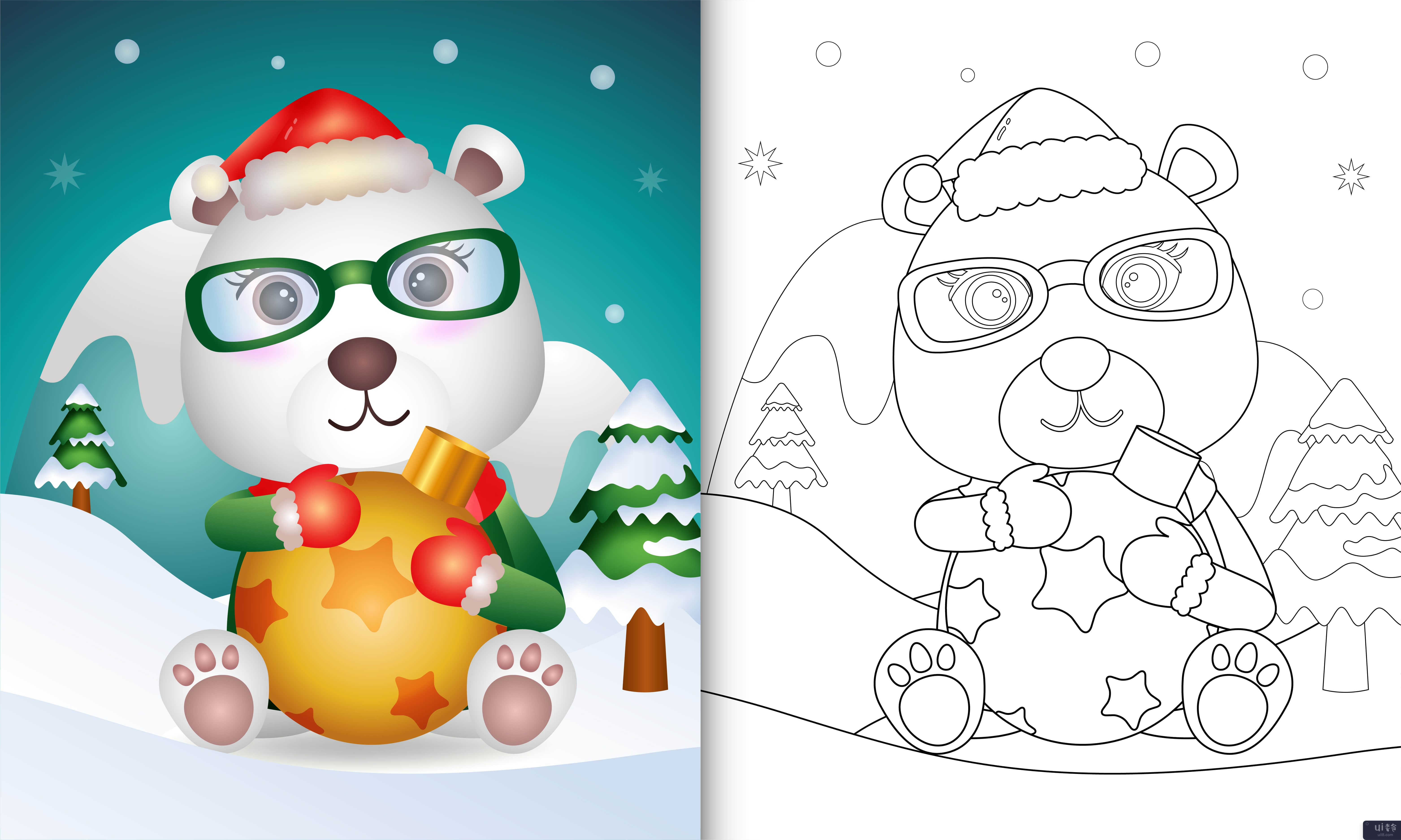 带有可爱北极熊拥抱圣诞球的着色书(coloring book with a cute polar bear hug christmas ball)插图2