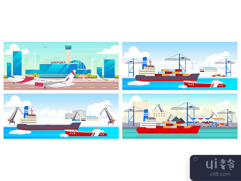 Airport and seaports flat color vector illustrations set