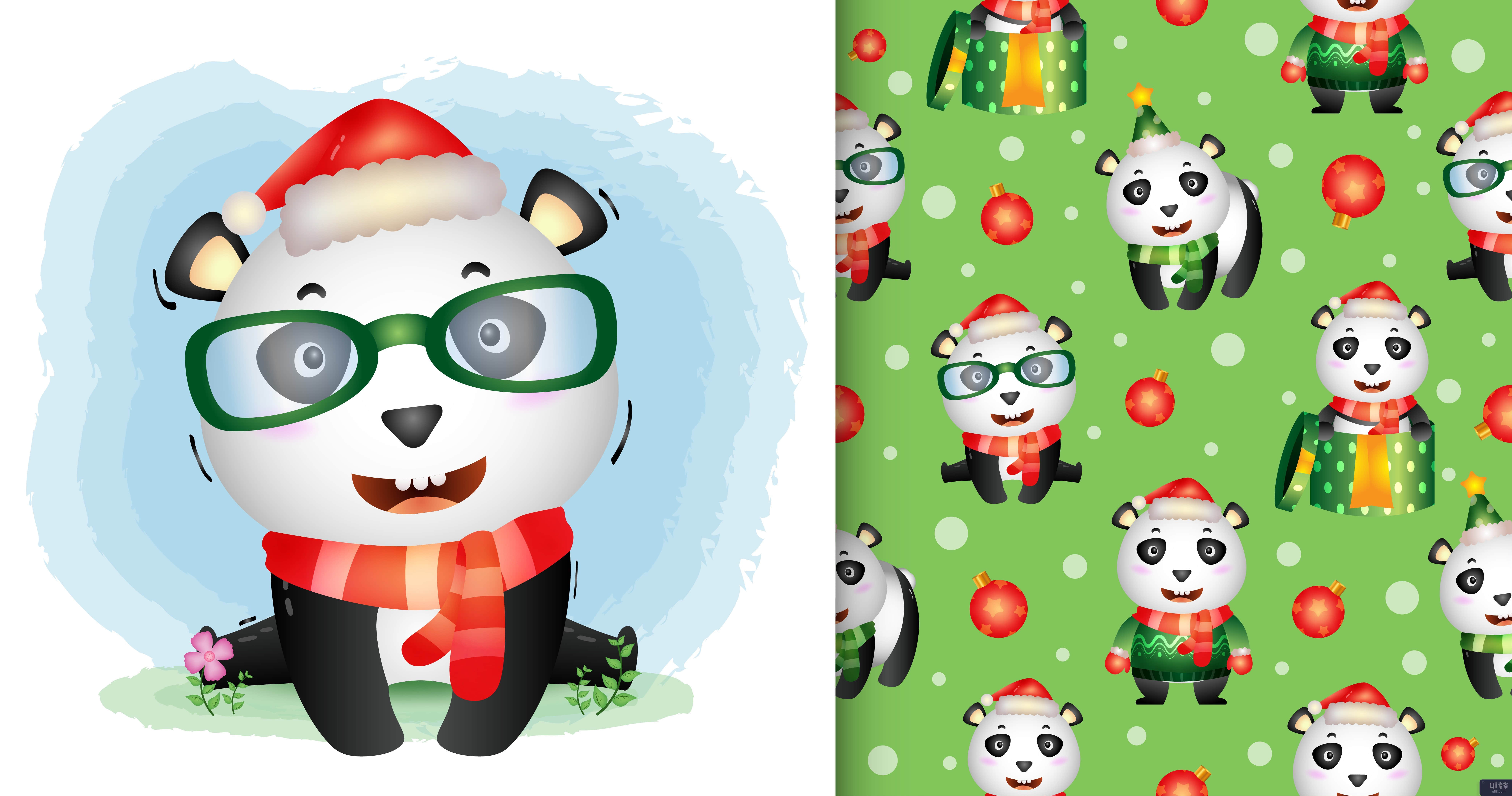 可爱的熊猫圣诞人物系列，无缝图案(a cute panda christmas characters collection, seamless pattern)插图2