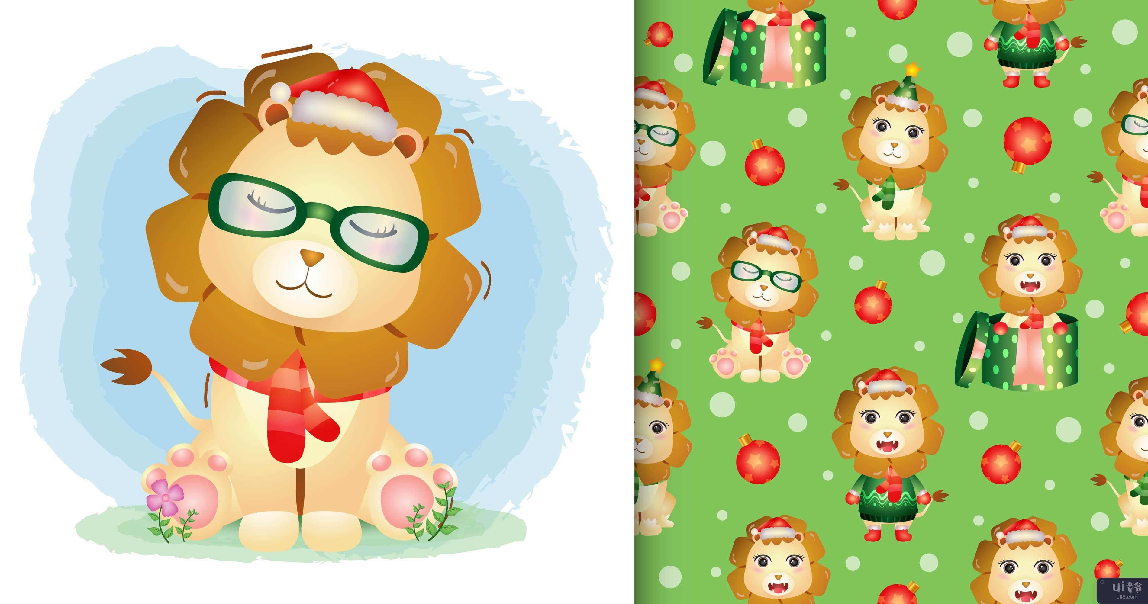 可爱的狮子圣诞人物无缝图案和插图设计(a cute lion christmas characters seamless pattern and illustration designs)插图2