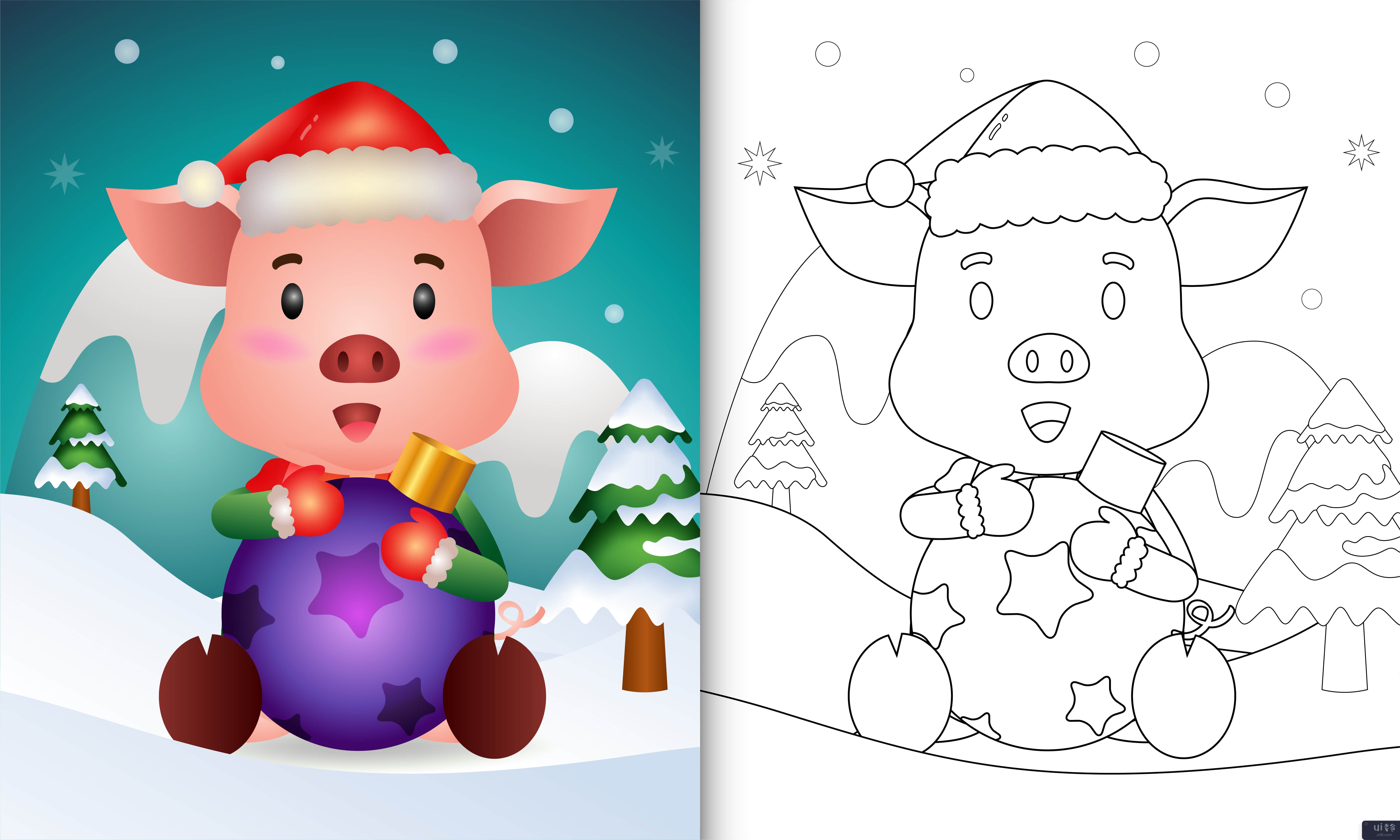 着色书与可爱的猪拥抱圣诞球(coloring book with a cute pig hug christmas ball)插图2