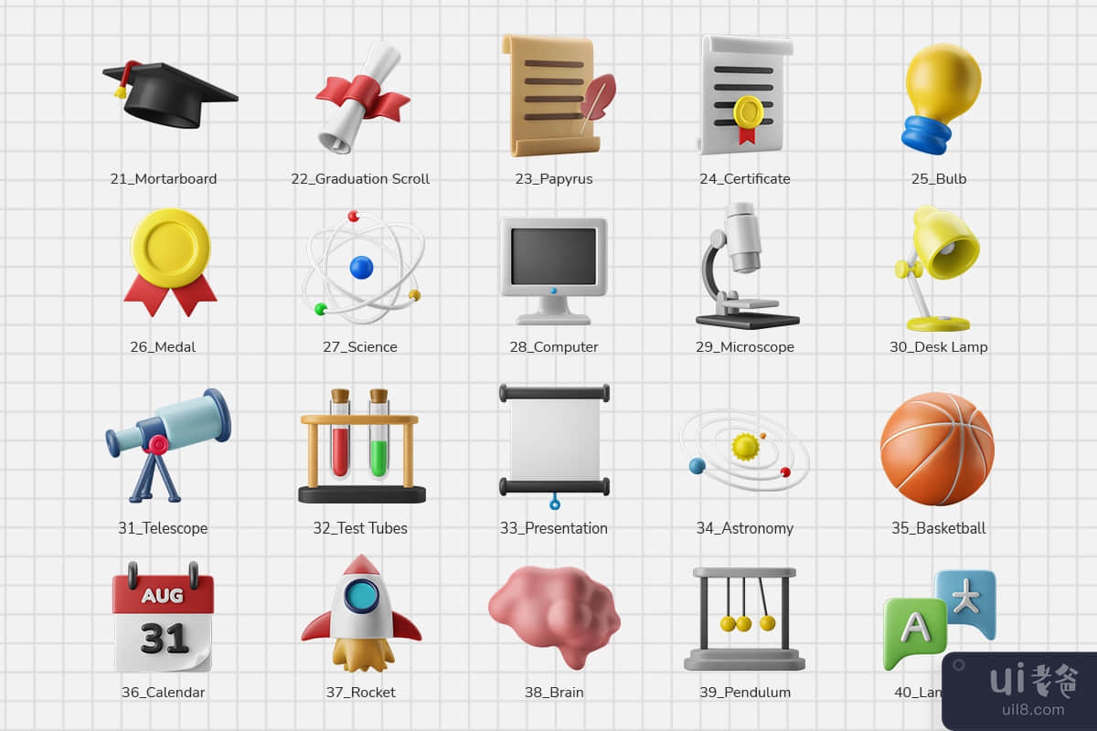 3D 图标集-教育卷。 02 - 学院主题(3D Icon Set - Education Vol. 02 - College Theme)插图7