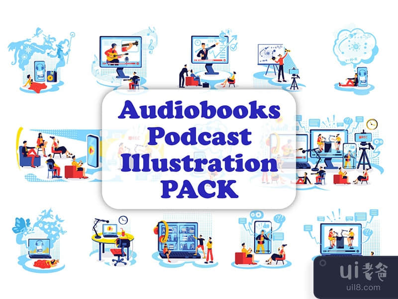 Audiobooks podcast 13 vector illustrations pack
