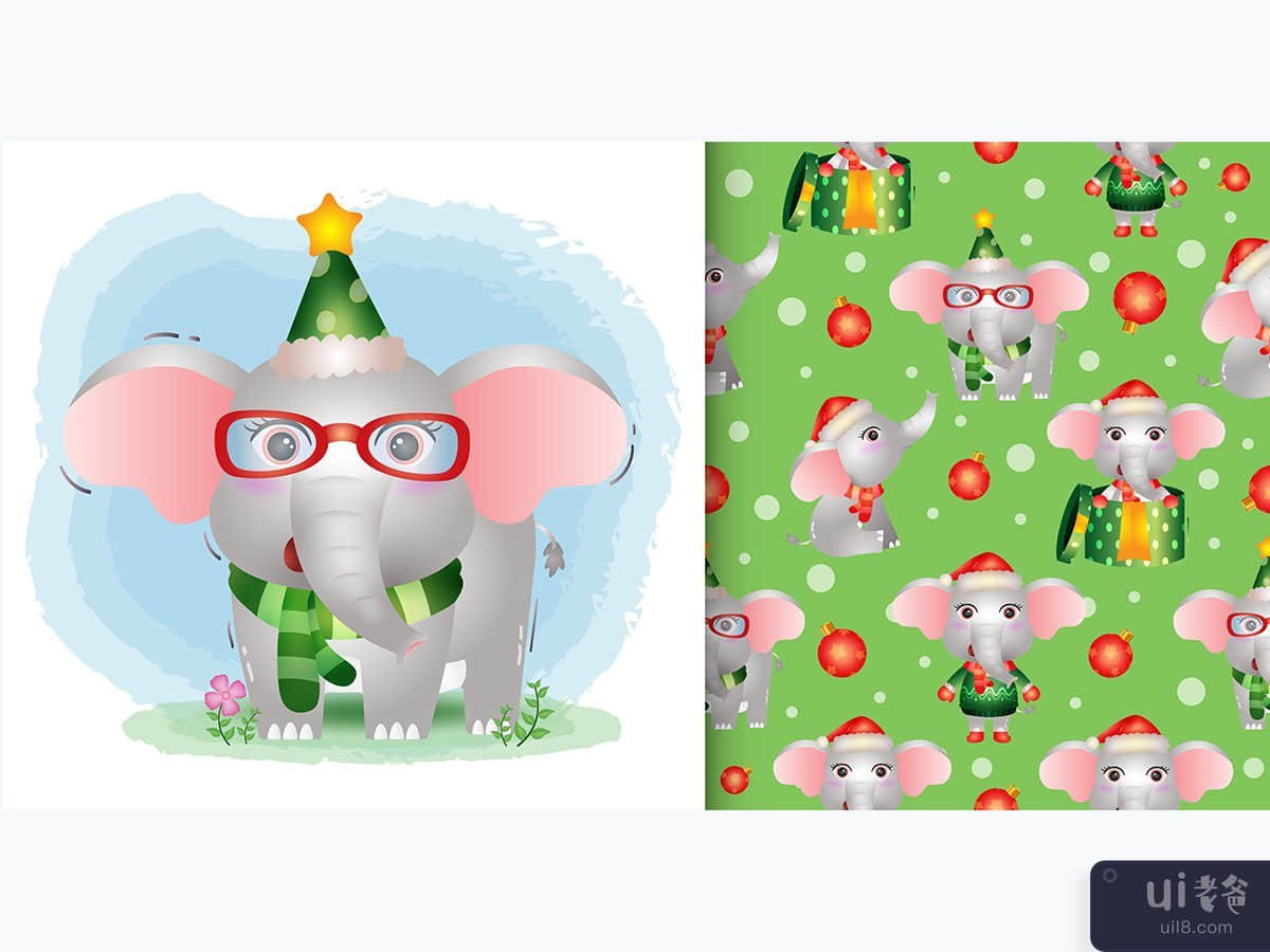 a cute elephant christmas characters. seamless pattern and illustration designs