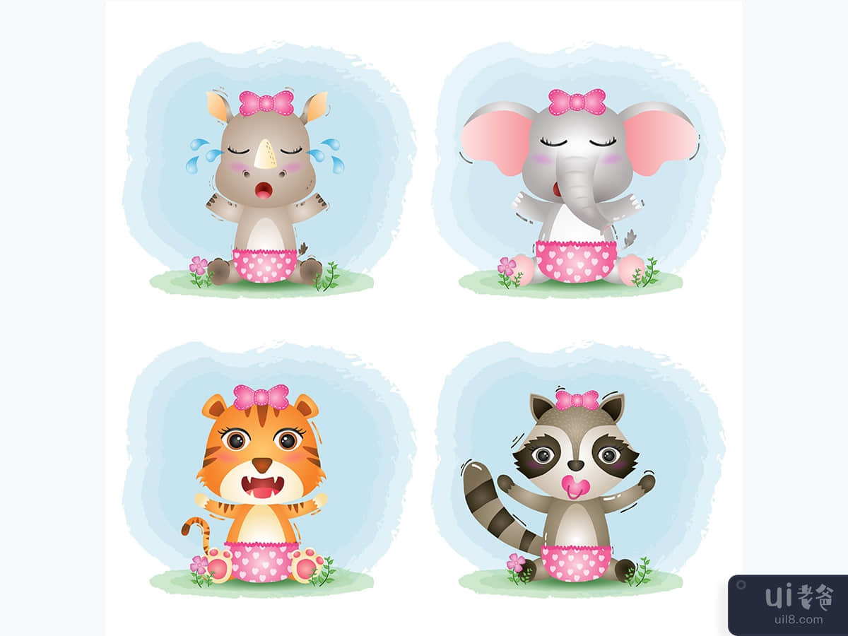 可爱的小动物：犀牛、大象、老虎和浣熊。(a cute baby animals: rhino, elephant, tiger and raccoon.)插图2