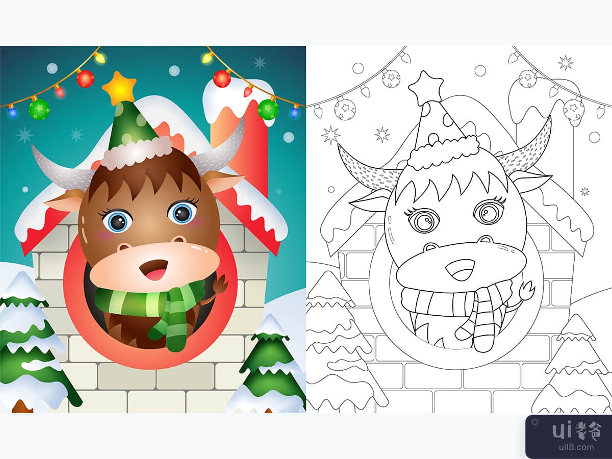 coloring book with a cute buffalo christmas characters  