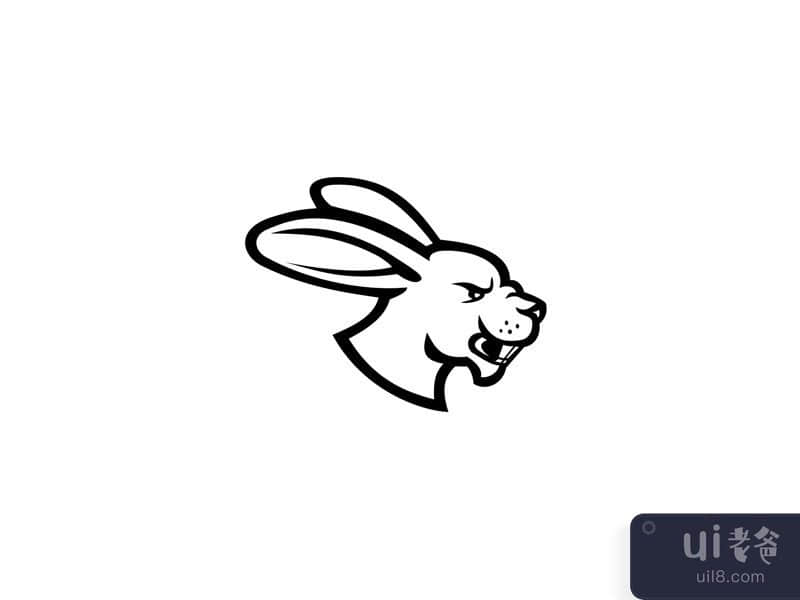 Angry Jackrabbit Hare Rabbit Head Side View Mascot Black and White
