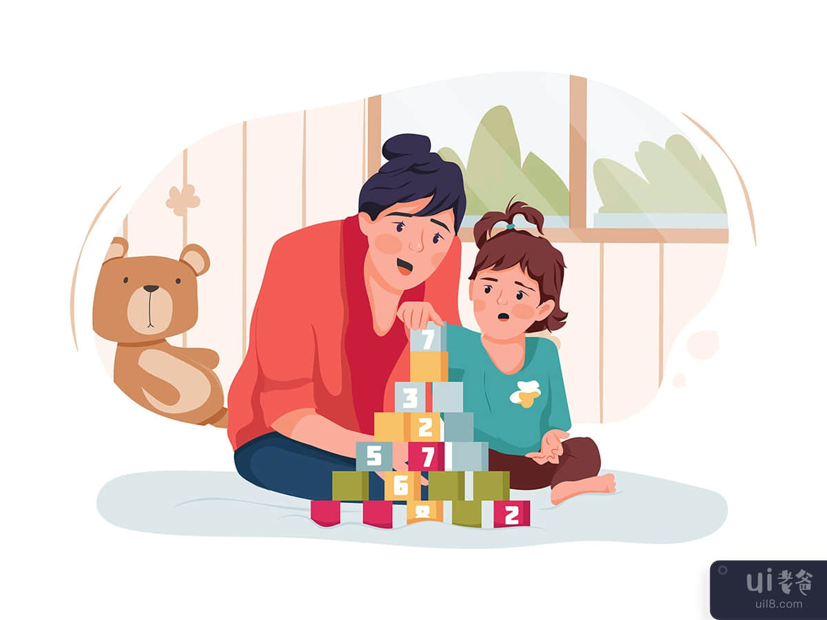 Babysitter and baby girl playing with toy cubes at home
