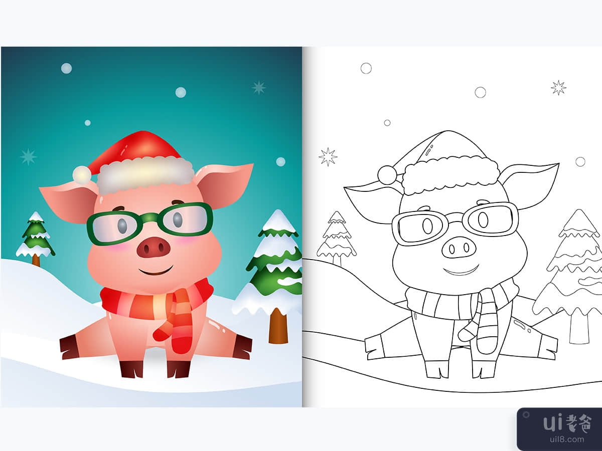 coloring book with a cute pig christmas characters