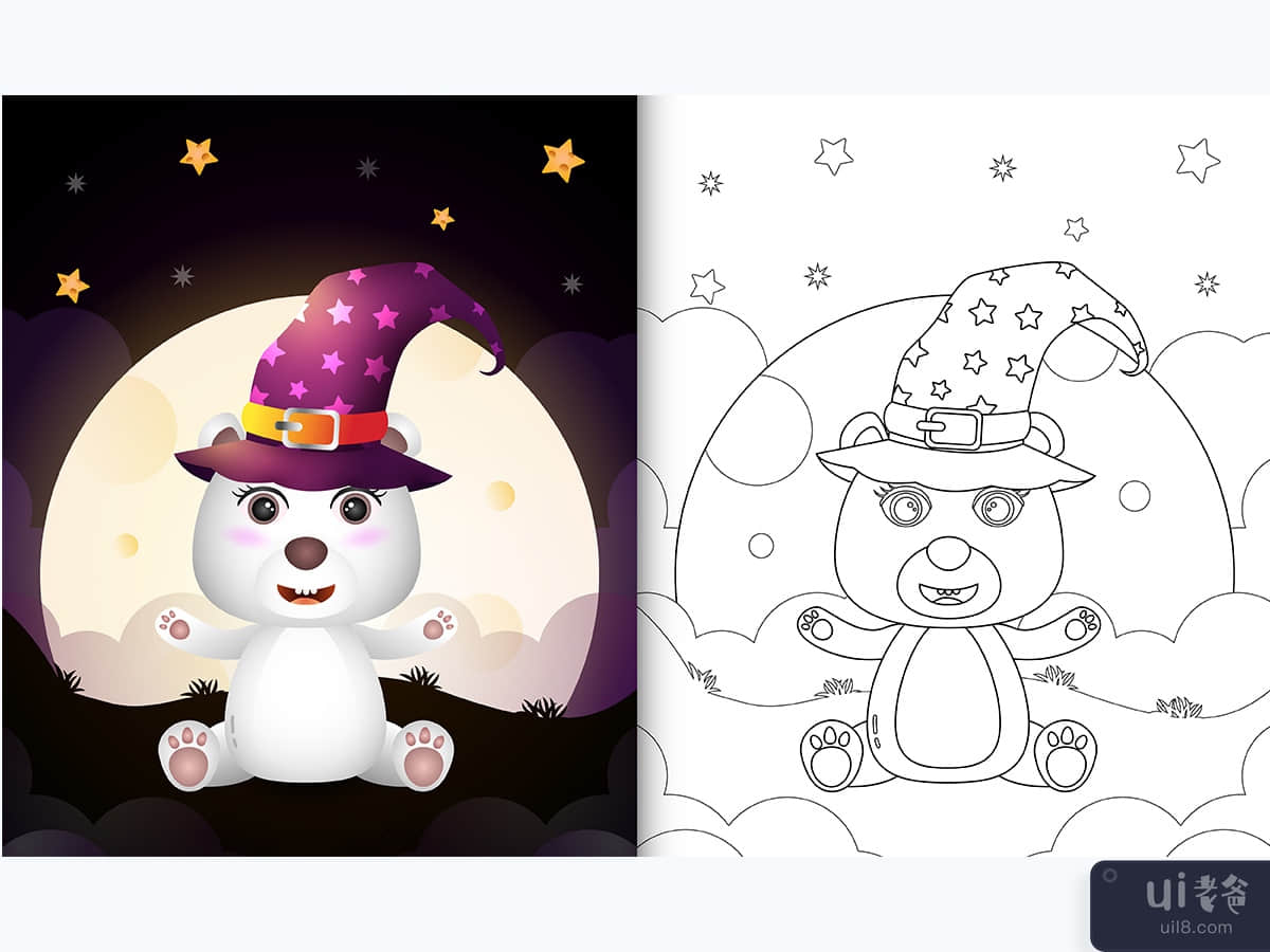 coloring book with a cute cartoon halloween witch polar bear front the moon