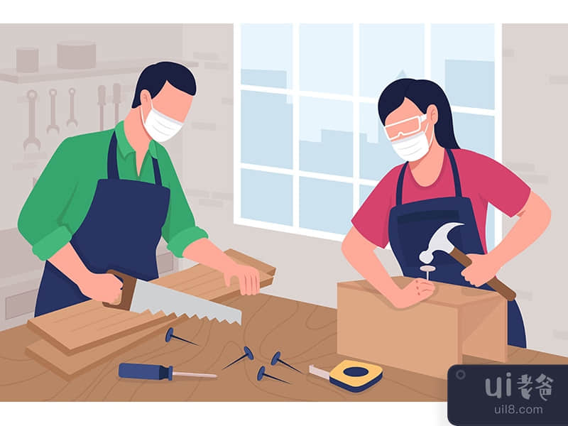 Carpentry workshop flat color vector illustration