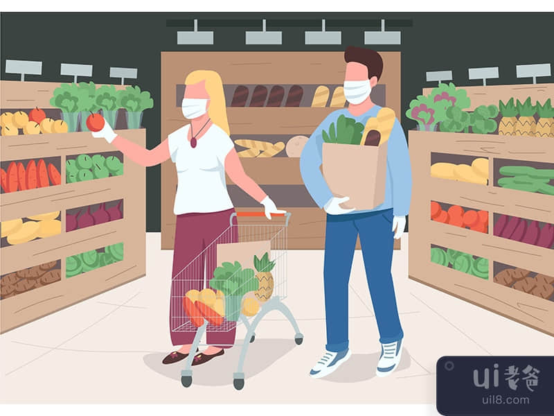 Couple in store during quarantine flat color vector illustration
