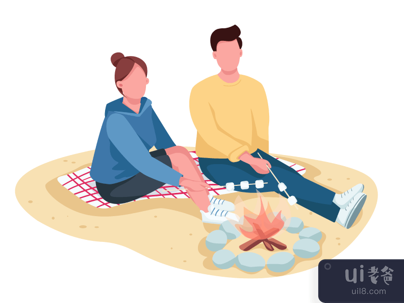Couple roasting marshmallow on beach flat color vector faceless characters