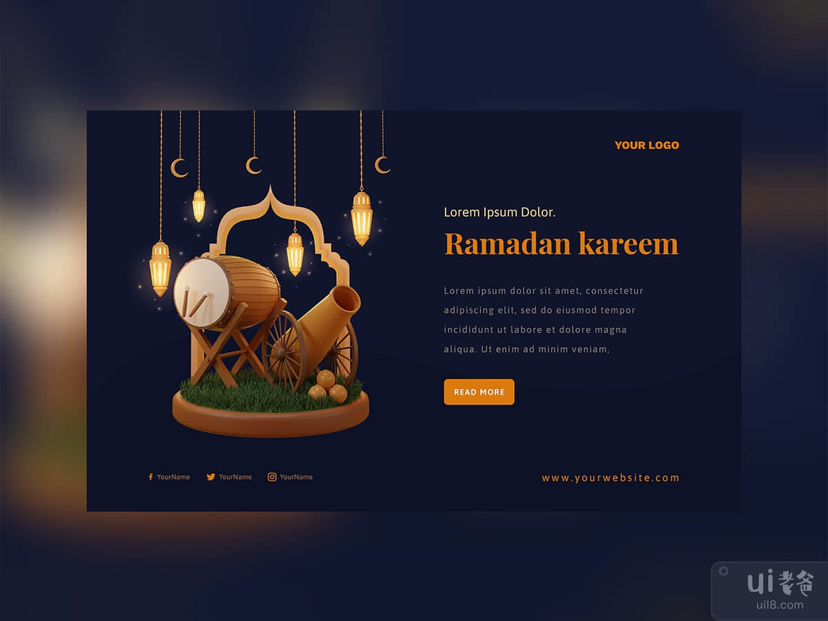 3d render - Banner concept Ramadan Kareem with decoration gold arabic