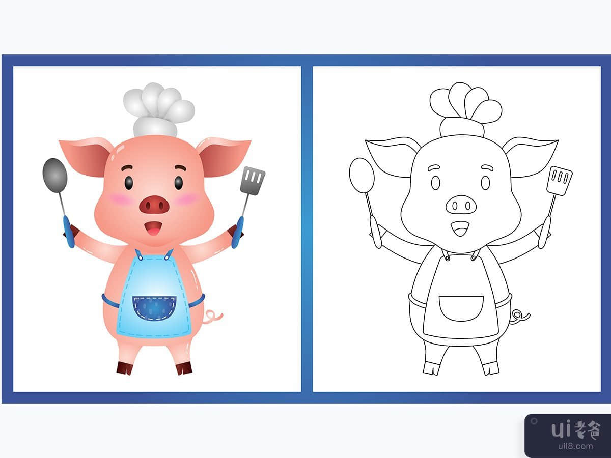 coloring book with a cute little pig chef