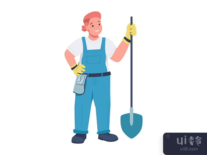 Confident female worker with shovel semi flat color vector character