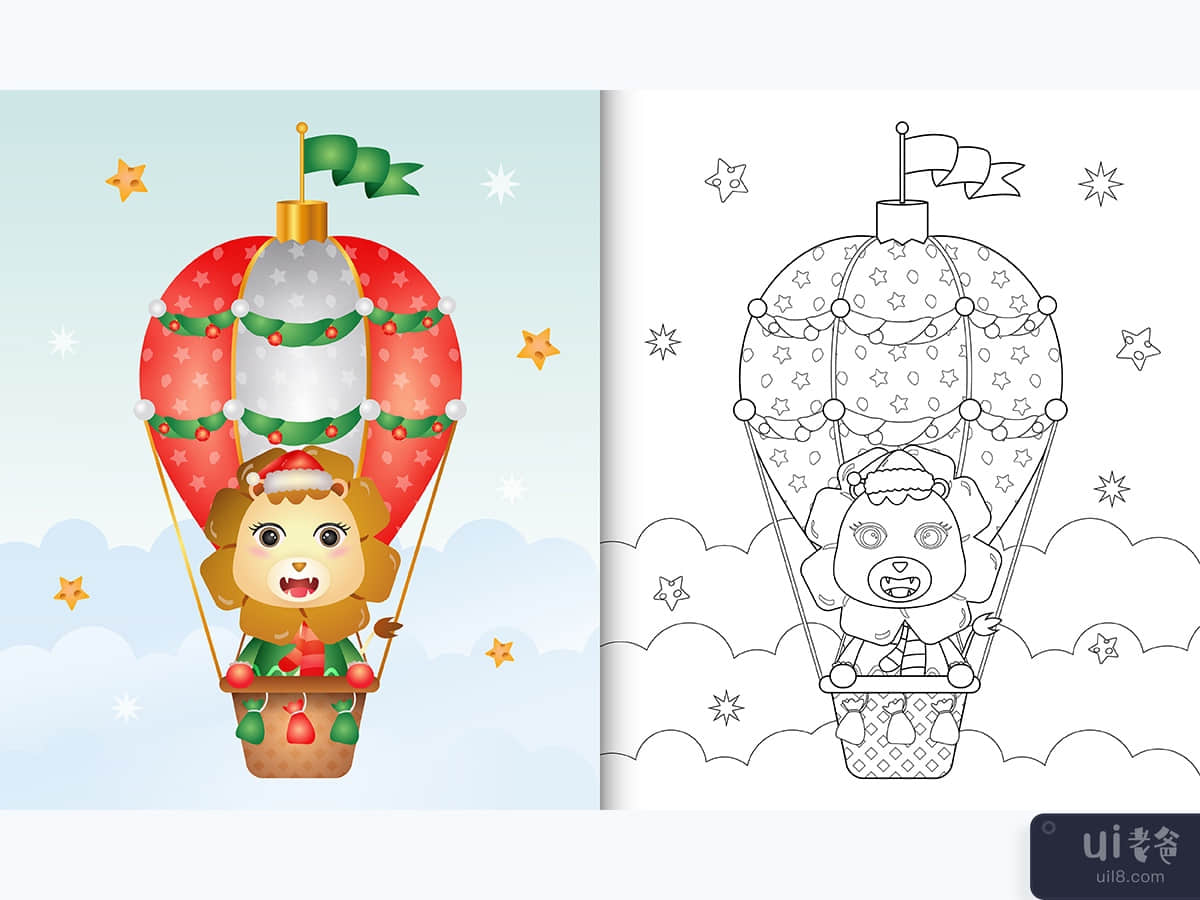 coloring book with a cute lion christmas characters on hot air balloon 