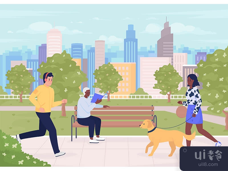 City park with visitors flat color vector illustration