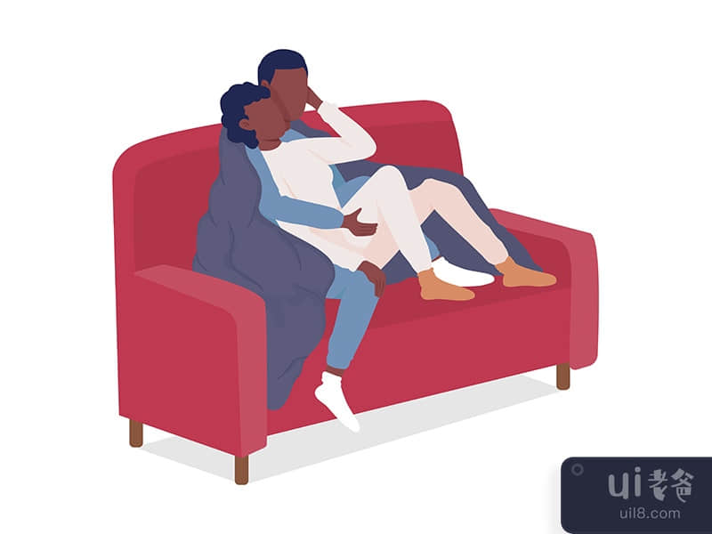 Couple sitting on couch semi flat color vector characters
